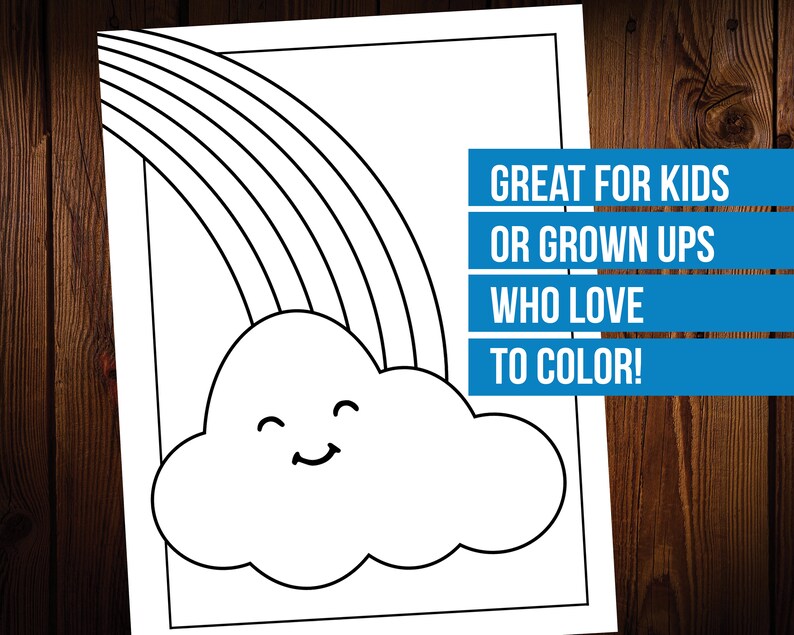 K&ouml;nnte beinhalten: Eine Schwarzwei&szlig;-Zeichnung einer l&auml;chelnden Wolke mit einem Regenbogen dar&uuml;ber. Der Text "GREAT FOR KIDS OR GROWN UPS WHO LOVE TO COLOR!" ist in blauer Schrift auf wei&szlig;em Hintergrund.