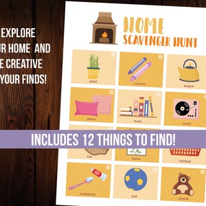 May include: A printable scavenger hunt game with a yellow background and a purple banner that says "Includes 12 things to find!" The game has 12 squares with illustrations of common household items, such as a plant, crayons, teapot, pillow, book, music, hat, frame, hamper, toothbrush, ball, and a plush toy.