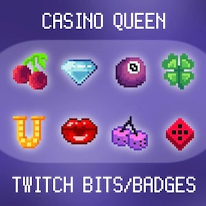 Könnte beinhalten: Pixelgrafik von Twitch-Badges zum Thema Casino. Enthält Kirschen, einen Diamanten, eine lila 8-Ball, ein vierblättriges Kleeblatt, ein Hufeisen, rote Lippen, Würfel und einen roten Diamanten. Der Text oben lautet "CASINO QUEEN" und unten "TWITCH BITS/BADGES".