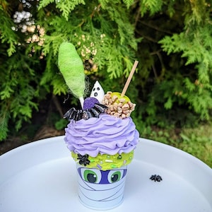 Halloween mini fake bake ,Fake mini Halloween Cupcakes, Faux purple halloween Cupcakes, mummy halloween decor, Halloween tiered tray decor