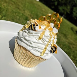 Fake bumble bee cupcake, bee decor, bee cupcake, Honey Comb decor, faux cupcake, tier tray decor, photo props