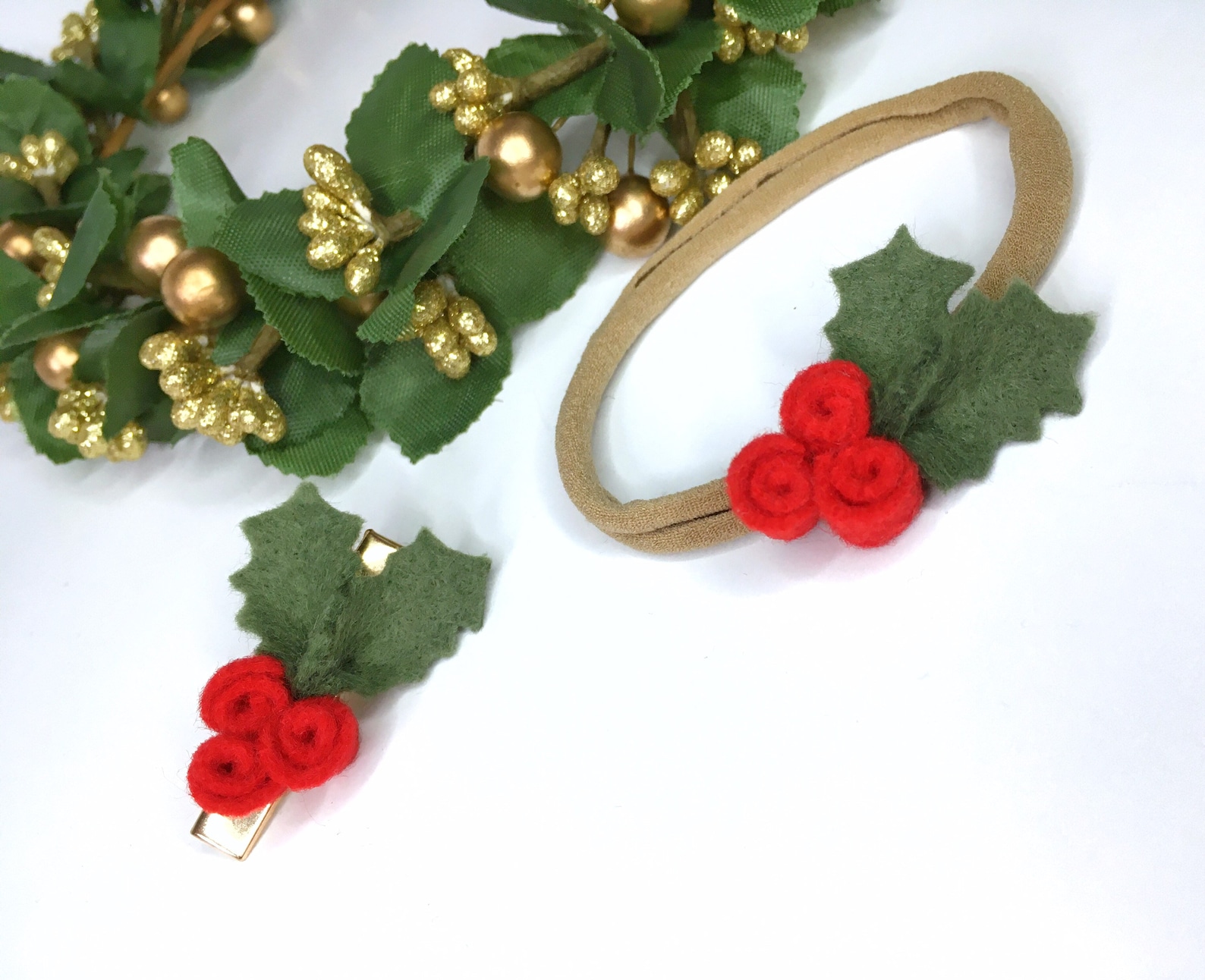 Red Holly Christmas Headband or Hair Clips Holiday Felt Etsy