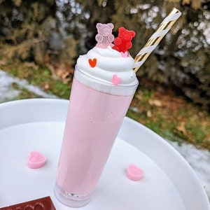 Fake MINI Strawberry Milkshake, faux pink Shooter drink, pink tiered tray decor, Cute pink decor