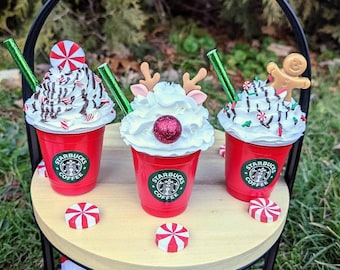 Fake mini whipped cream coffee, fake hot chocolate Christmas ornament, faux Christmas drink, Christmas tiered tray decor, Christmas decor