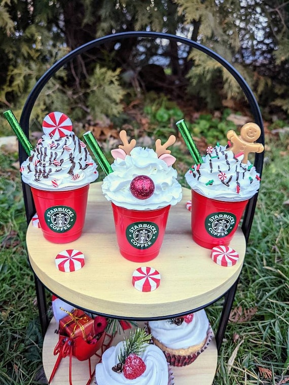 Fake mini whipped cream coffee, fake hot chocolate Christmas ornament, faux Christmas drink, Christmas tiered tray decor, Christmas decor