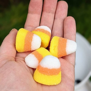 Könnte beinhalten: Nahaufnahme von Candy-Corn-Süßigkeiten in einer Hand. Die Süßigkeiten haben ein klassisches dreifarbiges Design: gelbe Basis, orangefarbene Mitte und weißer Deckel. Die Süßigkeiten sind weich und haben ein leicht strukturiertes Aussehen. Der Hintergrund ist verschwommen, mit grünem Laub.