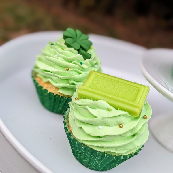 Fake mini  St Patrick's Day cupcake, fake mini Clover cupcakes, Faux Marshmallows, Saint Patrick's Day tiered tray decor, Fake food decor