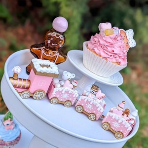 Fake Candyland mini train ,fake candy land props, faux Christmas cupcakes, Christmas tiered tray decor,Pink Christmas tiered tray decor