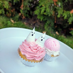 Fake Pink Ghost Cupcakes, Faux Pink halloween Cupcake, Pink halloween decor, pink Halloween tiered tray decor, faux pink Halloween treat