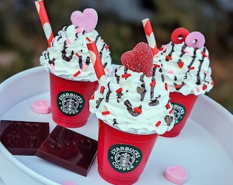 Fake mini whipped cream coffee, fake hot chocolate Valentine's Day ornament, faux Valentine's Day drink, Valentine's Day tiered tray decor