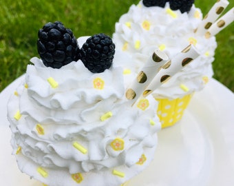 Faux LEMON Blackberry Cupcake, fake Lemon cupcake decor , Summer Farmhouse Kitchen Decor, Lemon theme Tiered Tray decor