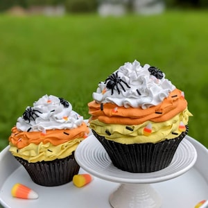 fake Halloween cupcakes, Fake Candy Corn Cupcakes, Faux Candy corn Cupcakes, halloween decor, tiered tray candy corn decor, candy corn props