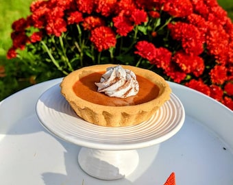 May include: A small pumpkin pie with whipped cream and cinnamon sits on a white pedestal plate. Two red dessert triangles with whipped cream are on a white tray. A large bush of red flowers is in the background.