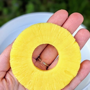 May include: A yellow pineapple ring, sliced from a fresh pineapple, is held in a hand. The ring is about 3 inches in diameter.