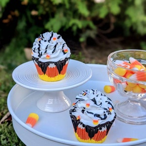 fake Halloween Cupcake, Candy Corn Cupcakes, Faux Mini Candy corn Cupcakes, halloween decor, tiered tray candy corn decor