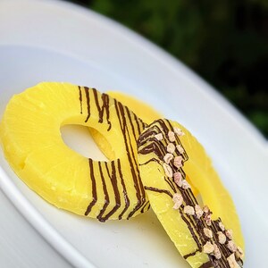 May include: Two pineapple rings on a white plate. One ring is topped with chocolate drizzle and the other with chocolate drizzle and pink sprinkles.