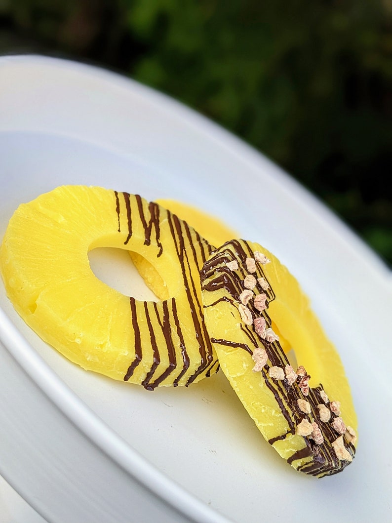 May include: Two pineapple rings on a white plate. One ring is topped with chocolate drizzle and the other with chocolate drizzle and pink sprinkles.