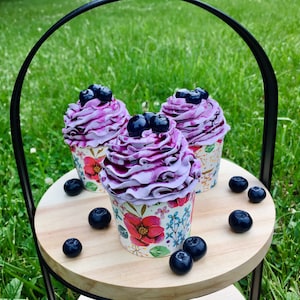 faux blueberry cupcake, fake cupcake, Fake cupcake, Non-edible Faux Treat, Summer Farmhouse Kitchen Decor, Tiered Tray, Fake Bake Cake