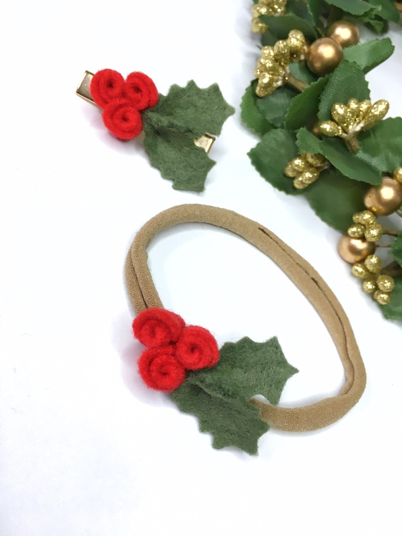 Red Holly Christmas Headband or Hair Clips Holiday Felt Etsy