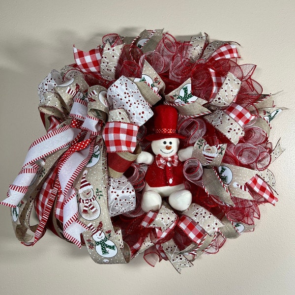 Snowman with Red Gingham Bow Tie Wreath