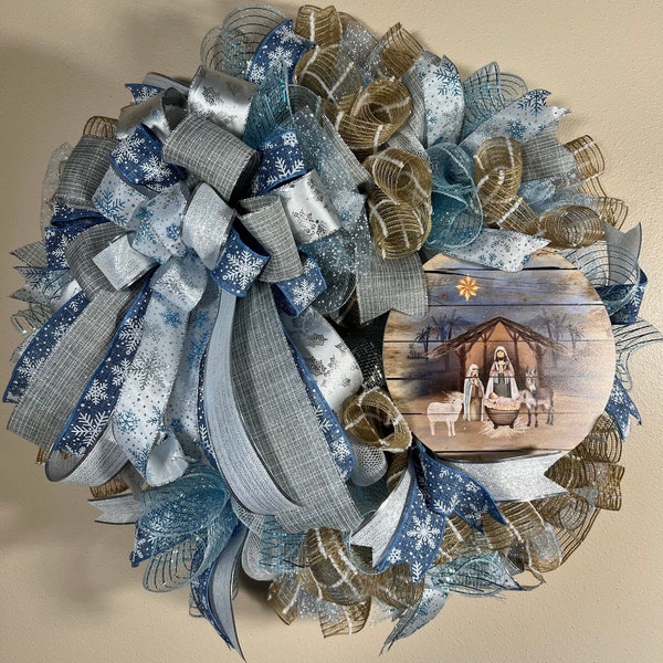Blue Sparkle Nativity Wreath