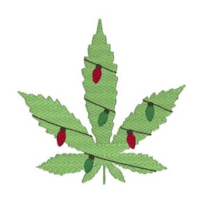 May include: A green marijuana leaf with red and green Christmas lights strung around it.