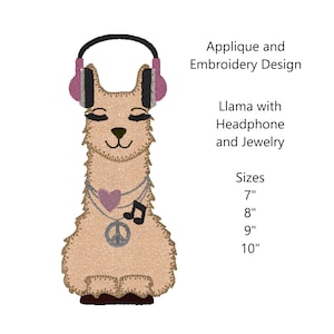 Llama applique design. Llama embroidery design. Headphones. Llama Digital Files. Peace Love Music.  Animal Digital Files.  Llama Scarf