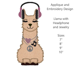 Llama with Headphones Applique Embroidery Design (Digital Files)