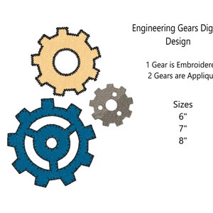 May include: A digital embroidery design featuring three gears. One gear is embroidered in blue, and two gears are applique in beige and grey. The design is available in three sizes: 6 inches, 7 inches, and 8 inches.