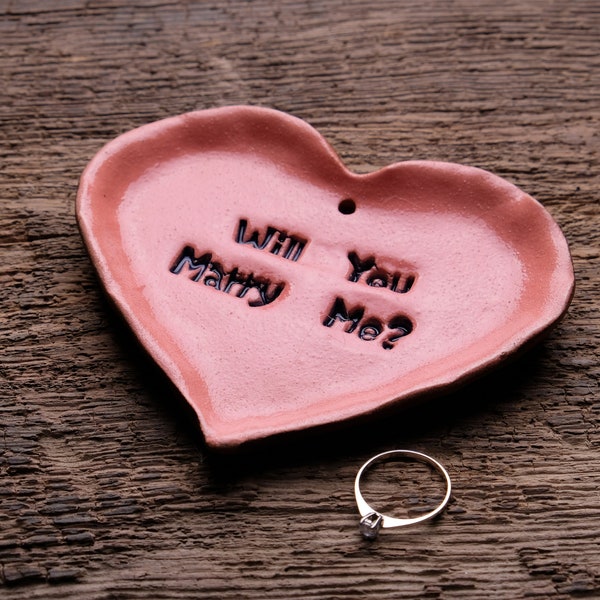 Will You Marry Me wedding proposal dish • ceramic jewelry tray • rustic ring holder • ring bearer box • heart shaped ring dish