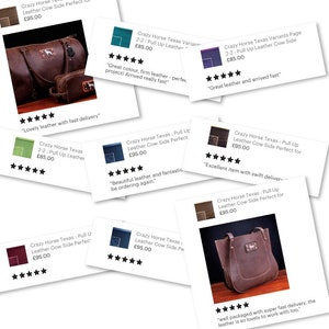 以下が含まれることがあります： 「Crazy Horse Texas: Pull Up Leather Cow Side Perfect」というテキストと5つ星の評価が書かれた、さまざまな茶色の革製のバッグを展示したコラージュ画像。バッグは、ダッフルバッグ、トートバッグ、小さなポーチなど、さまざまなスタイルで提供されています。画像には「Great leather and arrived fast」というテキストも表示されています。