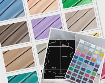 May include: A collection of lamb skin leather swatches in various colors including blue, peach, green, brown, lavender, and beige. A diagram shows dimensions of 65cm, 90cm, and 100cm, alongside a color chart displaying numerous leather samples.