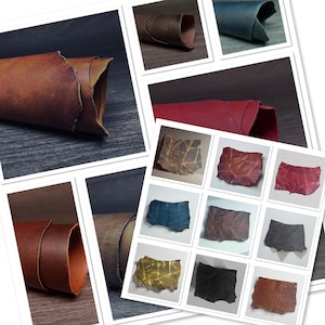 May include: A collage of various leather samples in shades of brown, red, blue, and black. The leather pieces are shown rolled, folded, and as individual swatches, highlighting the texture and color variations.