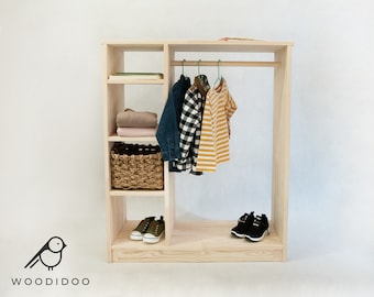 Armario para niños de MADERA pura, Estante Montessori, Armario de ropa para niños, Estante de madera, Almacenamiento de ropa, Exhibición de ropa, Estante de guardería