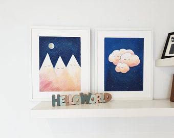 2x Pastelschilderijen voor babykamer Wanddecoratie Tekening van wolken en bergen voor kinderkamer