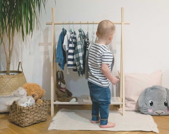 Großer Kleiderschrank für Kleinkinder, Montessori-Rack, Kleiderständer für Kind, Holzregal, Kleidungsaufbewahrung, Kleidungsdisplay, Kinderzimmerregal