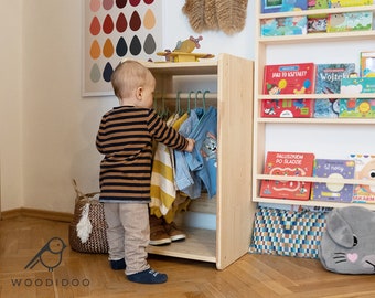 Armoire en bois pour enfants, Rack Montessori, Armoire à vêtements pour enfant, Rangement de vêtements, Affichage de vêtements, Rack de pépinière