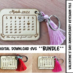 出会った日 + 誓いを立てた日 + 初めてのデートのカレンダー バレンタインデー キーチェーン テンプレート Glowforge SVG メガ バンドル用レーザー ファイル