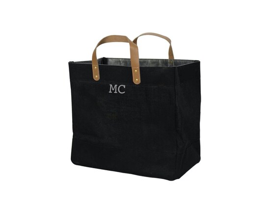 personalised black and leather jute shopper