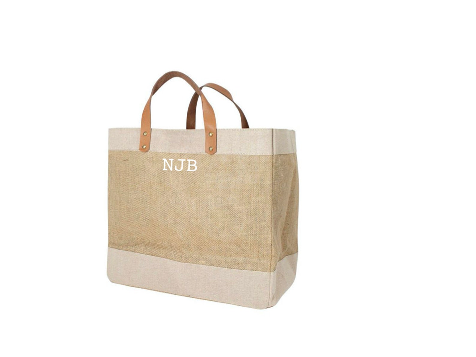 personalised jute bag with leather handles