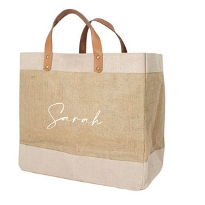 personalised black and leather jute shopper
