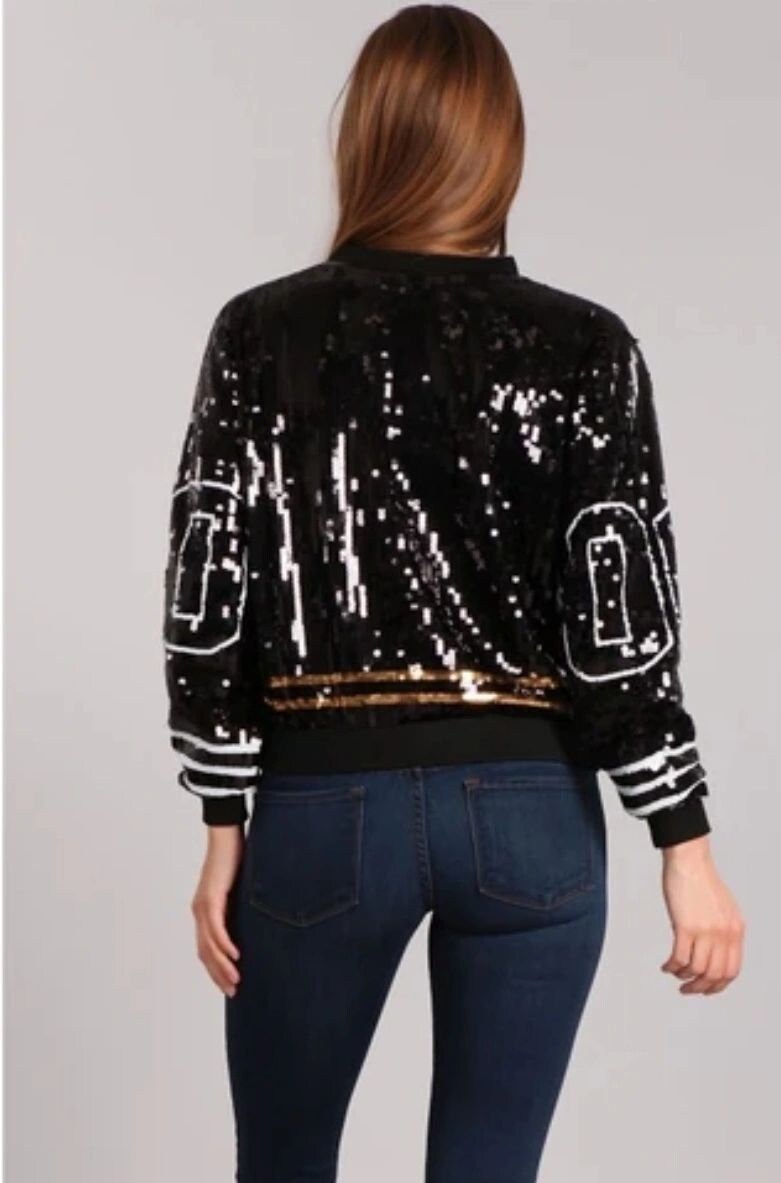 black and gold sequin bomber jacket