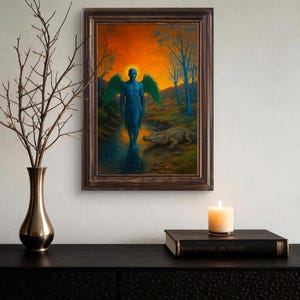 Impresión artística surrealista de ángel y caimán: Escena mística del crepúsculo