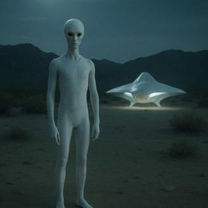 May include: A poster depicting a pale humanoid figure in a desert setting with a full moon and a futuristic flying saucer. The text "THE TALL WHITES" is at the bottom, with details about documented accounts. The image evokes a sense of mystery and science fiction.