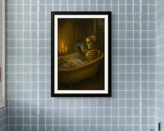 Stampa artistica di uno scheletro nella vasca da bagno: arredamento per il bagno in stile gotico