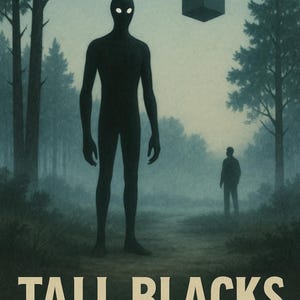 May include: An artistic illustration depicts a tall, dark figure with glowing eyes standing in a misty forest. A floating cube and a smaller figure are also present. The text "TALL BLACKS" and "First reported: Arizona, USA - 1960s" are at the bottom.