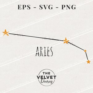 May include: A black and white illustration of the Aries constellation with the word "ARIES" in black text. The constellation is made up of small orange stars connected by black lines. The text "THE VELVET Diaries" is in a circle at the bottom of the image.