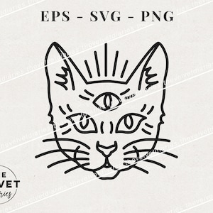 May include: Black and white line art illustration of a cat with a third eye on its forehead. The cat has a mystical or spiritual vibe.