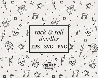 Rock and Roll Doodle Drawings Skull Lightening Bolt Rose Diamond Star Heart Vector svg eps png jpg clip art