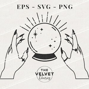Crystal Ball with witch hands Magic Celestial stars lunar mystical drawing vector svg eps png cricut clip art